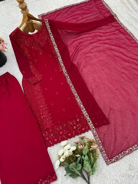 DESIGNER GEORGETTE EMBROIDERY SEQUENCE WORK TOP PALAZZO WITH DUPATTA MAROON