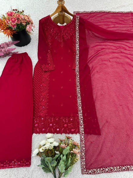 DESIGNER GEORGETTE EMBROIDERY SEQUENCE WORK TOP PALAZZO WITH DUPATTA MAROON