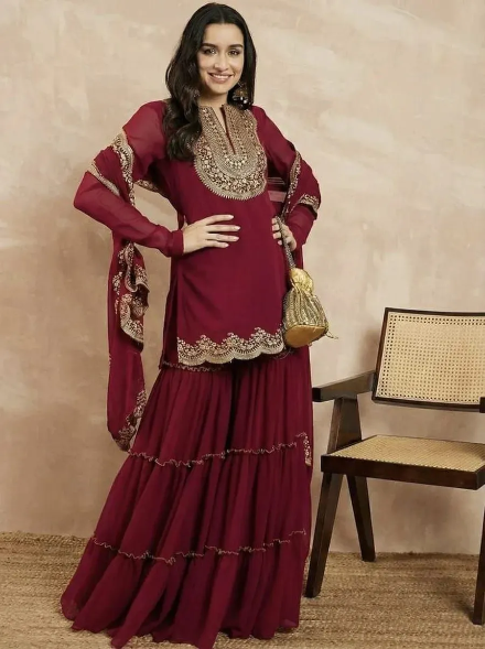 DESIGNER GEORGETTE EMBROIDERY THREADS & SEQUENCE WORK TOP SHARARA WITH DUPATTA MAROON
