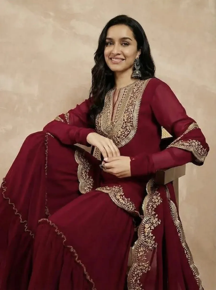DESIGNER GEORGETTE EMBROIDERY THREADS & SEQUENCE WORK TOP SHARARA WITH DUPATTA MAROON