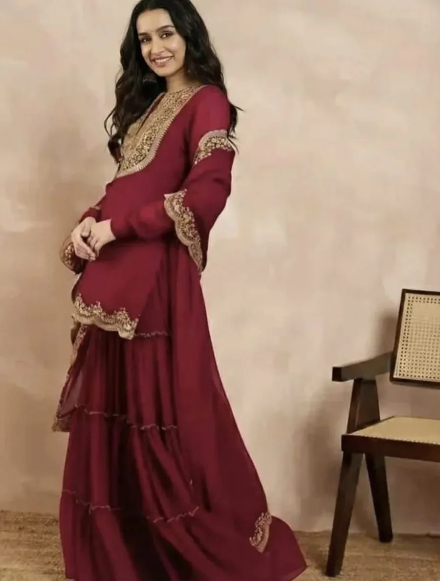 DESIGNER GEORGETTE EMBROIDERY THREADS & SEQUENCE WORK TOP SHARARA WITH DUPATTA MAROON