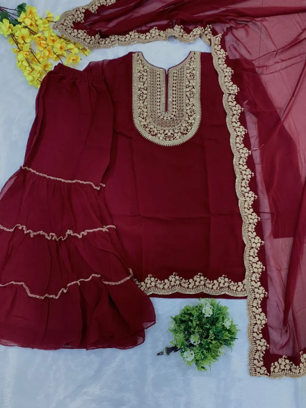 DESIGNER GEORGETTE EMBROIDERY THREADS & SEQUENCE WORK TOP SHARARA WITH DUPATTA MAROON