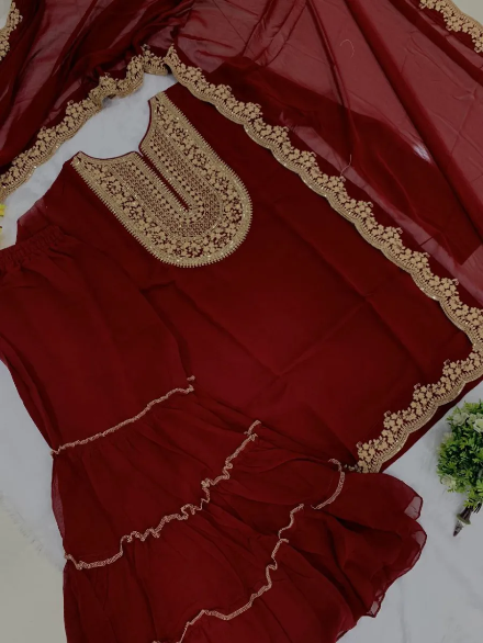 DESIGNER GEORGETTE EMBROIDERY THREADS & SEQUENCE WORK TOP SHARARA WITH DUPATTA MAROON