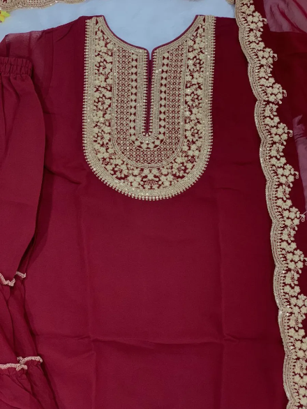 DESIGNER GEORGETTE EMBROIDERY THREADS & SEQUENCE WORK TOP SHARARA WITH DUPATTA MAROON