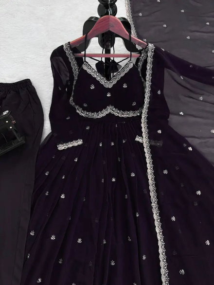 DESIGNER GEORGETTE THREAD WITH SEQUENCE WORK GOWN BOTTOM WITH DUPATTA BLACK