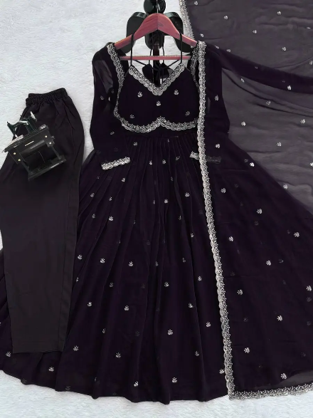 DESIGNER GEORGETTE THREAD WITH SEQUENCE WORK GOWN BOTTOM WITH DUPATTA BLACK