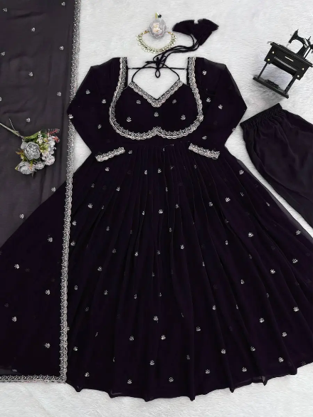 DESIGNER GEORGETTE THREAD WITH SEQUENCE WORK GOWN BOTTOM WITH DUPATTA BLACK