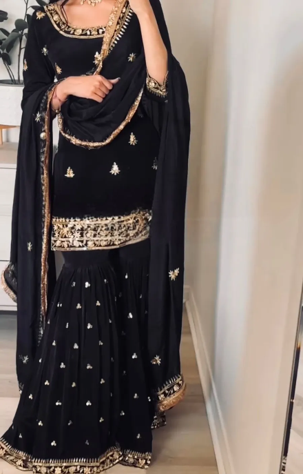 DESIGNER NATURAL CREPE EMBROIDERY SEQUENCE WORK TOP SHARARA WITH DUPATTA BLACK