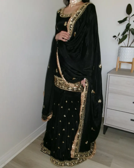 DESIGNER NATURAL CREPE EMBROIDERY SEQUENCE WORK TOP SHARARA WITH DUPATTA BLACK