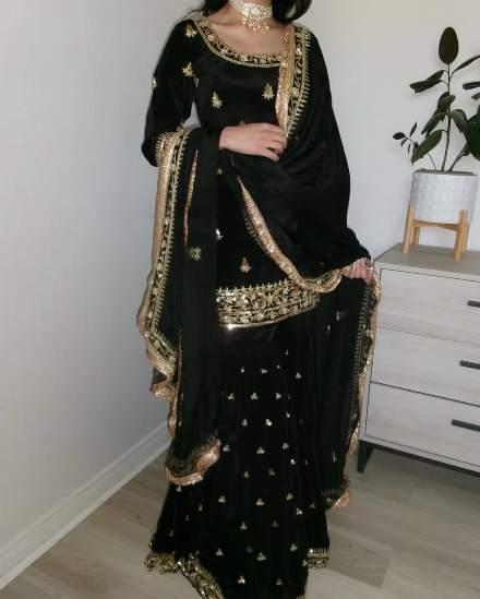 DESIGNER NATURAL CREPE EMBROIDERY SEQUENCE WORK TOP SHARARA WITH DUPATTA BLACK