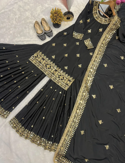 DESIGNER NATURAL CREPE EMBROIDERY SEQUENCE WORK TOP SHARARA WITH DUPATTA BLACK