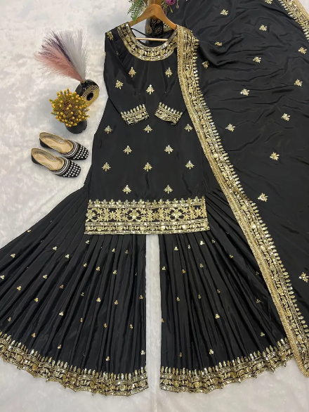 DESIGNER NATURAL CREPE EMBROIDERY SEQUENCE WORK TOP SHARARA WITH DUPATTA BLACK