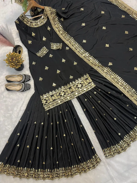 DESIGNER NATURAL CREPE EMBROIDERY SEQUENCE WORK TOP SHARARA WITH DUPATTA BLACK