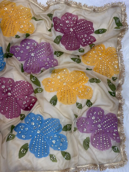 DESIGNER ORGANZA SILK HANDWORK WITH BRUSH PRINT WORK ONLY DUPATTA MULTI