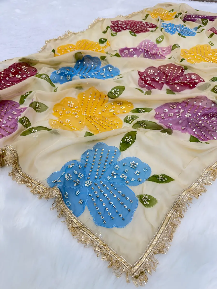 DESIGNER ORGANZA SILK HANDWORK WITH BRUSH PRINT WORK ONLY DUPATTA MULTI