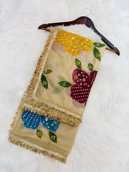 DESIGNER ORGANZA SILK HANDWORK WITH BRUSH PRINT WORK ONLY DUPATTA MULTI