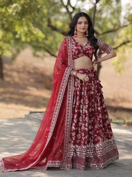 FASHIONABLE VISCOSE JACQUARD EMBROIDERED SEQUENCE WORK LEHENGA CHOLI WITH DUPATTA RED READY TO WEAR