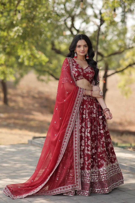 FASHIONABLE VISCOSE JACQUARD EMBROIDERED SEQUENCE WORK LEHENGA CHOLI WITH DUPATTA RED READY TO WEAR