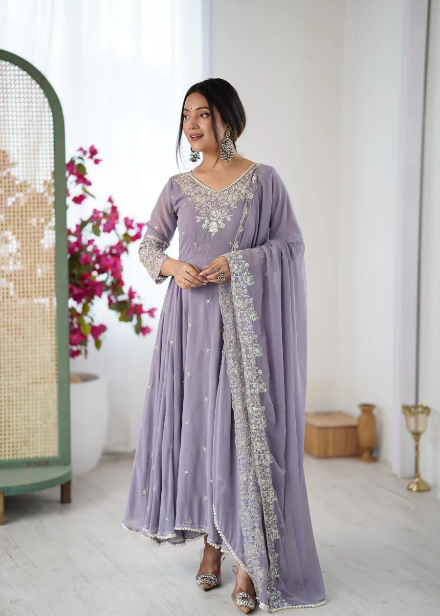 RICH LOOK BLOOMING FAUX EMBROIDERY RAINBOW SEQUENCE WITH MOTI WORK GOWN BOTTOM WITH DUPATTA LAVENDER