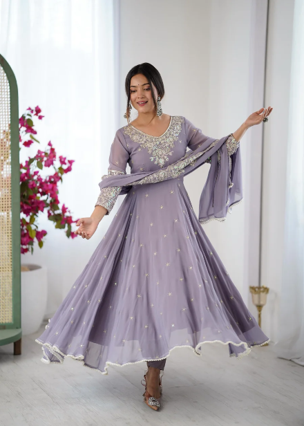 RICH LOOK BLOOMING FAUX EMBROIDERY RAINBOW SEQUENCE WITH MOTI WORK GOWN BOTTOM WITH DUPATTA LAVENDER