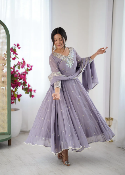 RICH LOOK BLOOMING FAUX EMBROIDERY RAINBOW SEQUENCE WITH MOTI WORK GOWN BOTTOM WITH DUPATTA LAVENDER