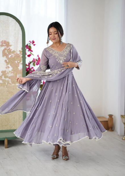 RICH LOOK BLOOMING FAUX EMBROIDERY RAINBOW SEQUENCE WITH MOTI WORK GOWN BOTTOM WITH DUPATTA LAVENDER