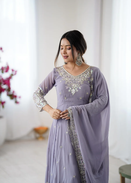 RICH LOOK BLOOMING FAUX EMBROIDERY RAINBOW SEQUENCE WITH MOTI WORK GOWN BOTTOM WITH DUPATTA LAVENDER