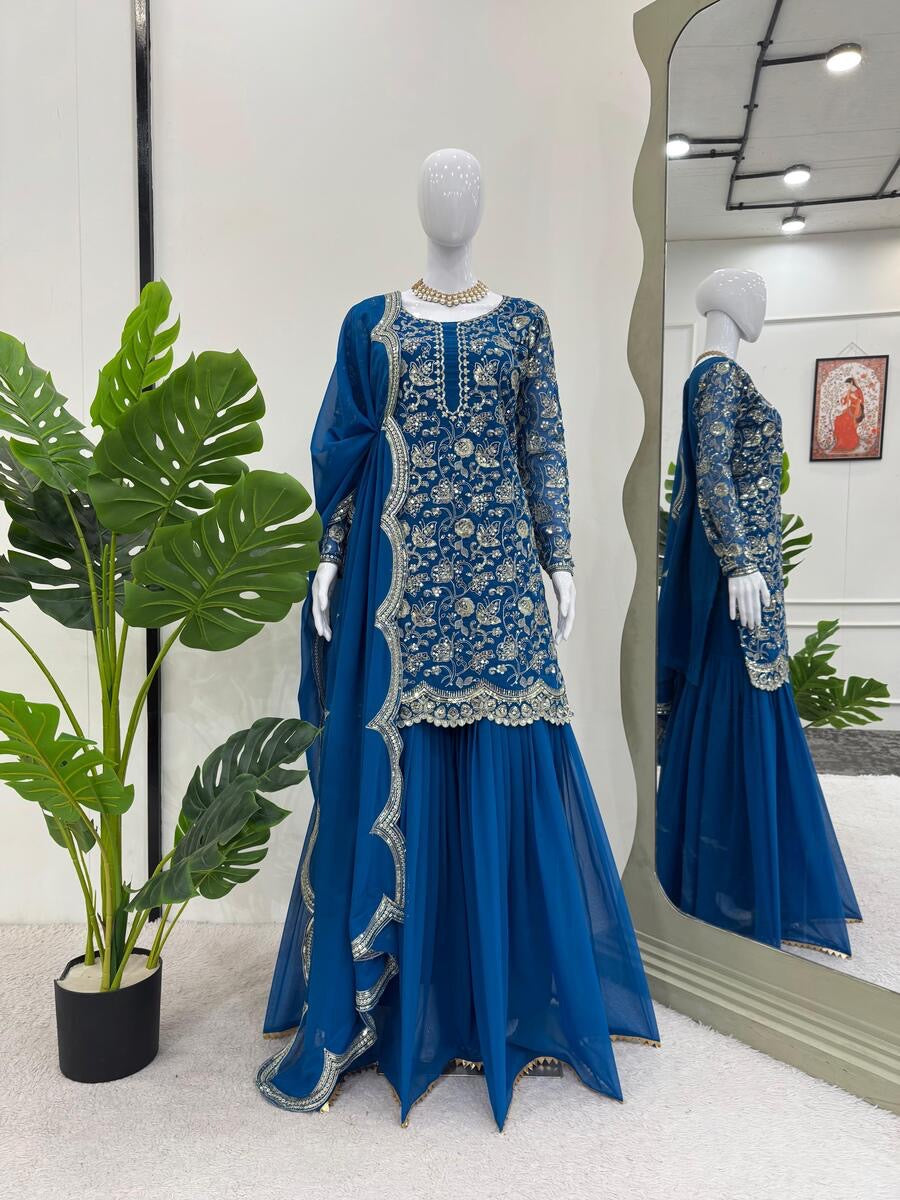 DESIGNER GEORGETTE THREAD WITH SEQUENCE WORK TOP SHARARA WITH DUPATTA BLUE