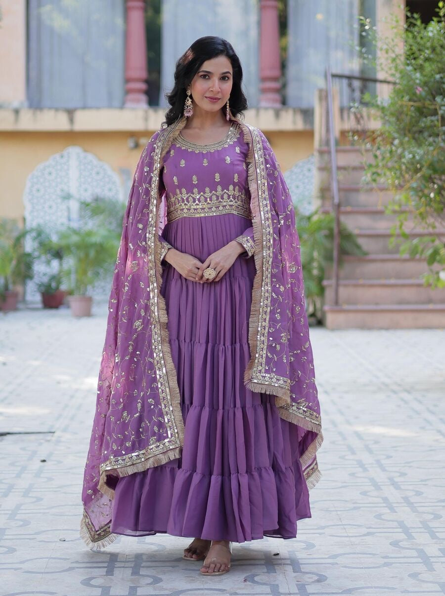 NEW ARRIVAL GEORGETTE SEQUENCE EMBROIDERY WORK GOWN WITH DUPATTA PURPL