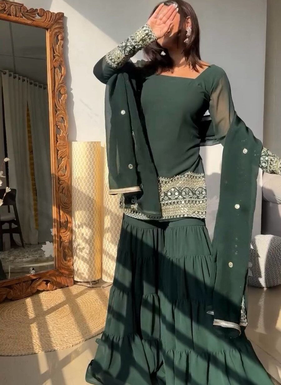 FANCY GEORGETTE THREAD WITH SEQUENCE WORK TOP SHARARA WITH DUPATTA