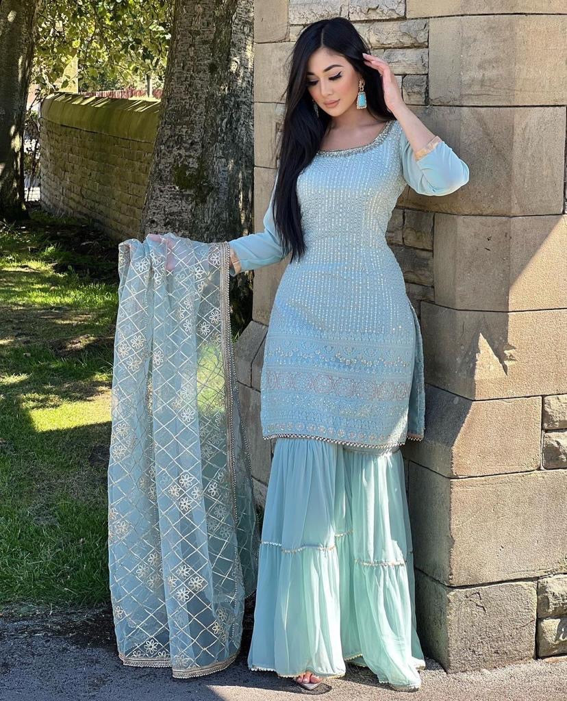 DESIGNER WEAR PARTY LOOK FAUX GEORGETTE WITH EMBROIDERY WORK TOP AND SHARARA