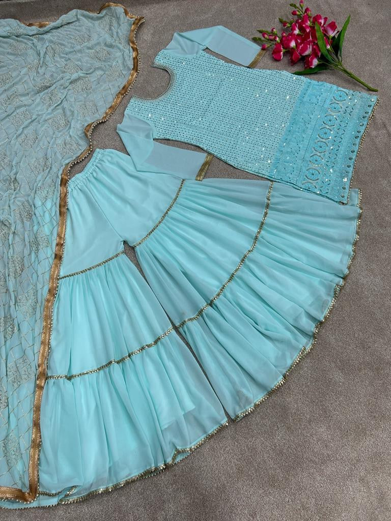 DESIGNER WEAR PARTY LOOK FAUX GEORGETTE WITH EMBROIDERY WORK TOP AND SHARARA