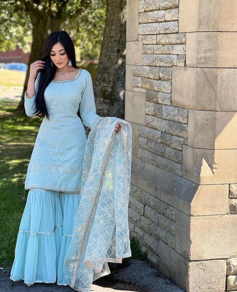 DESIGNER WEAR PARTY LOOK FAUX GEORGETTE WITH EMBROIDERY WORK TOP AND SHARARA