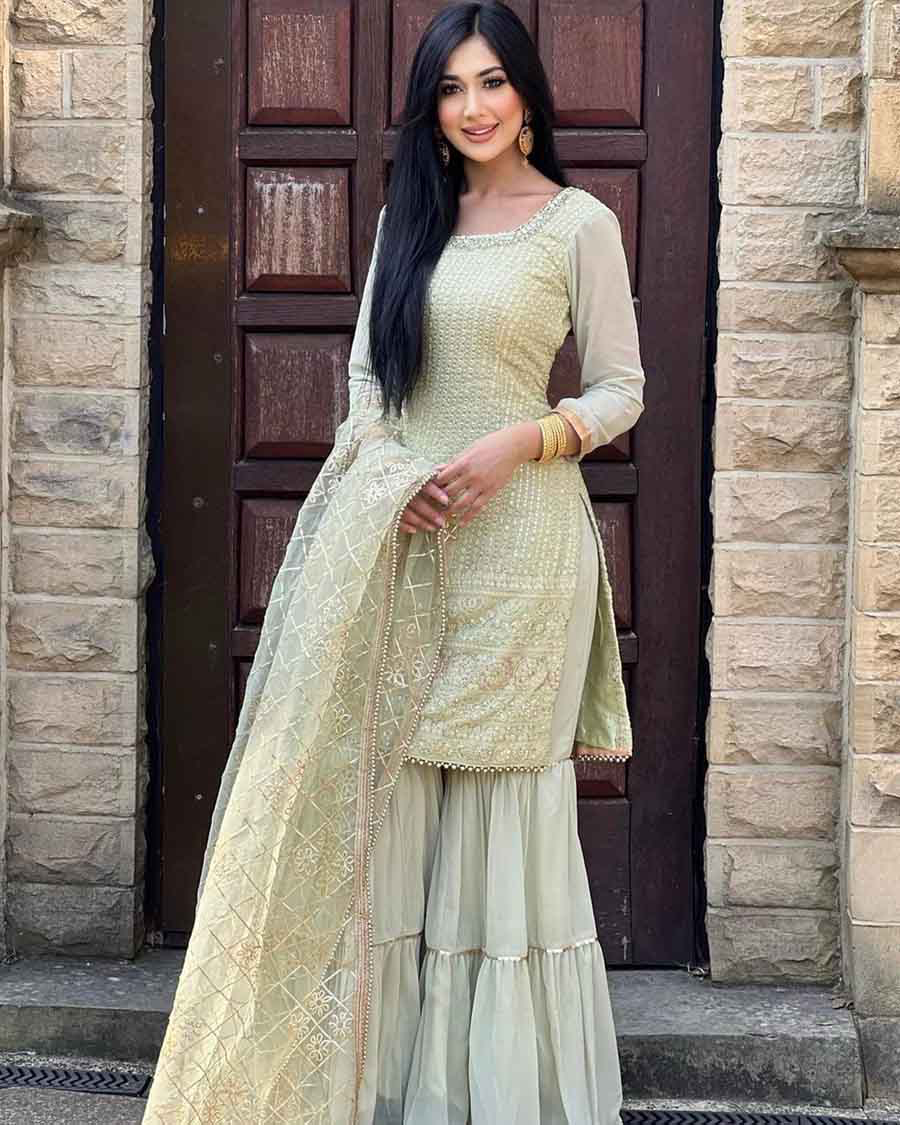 DESIGNER WEAR PARTY LOOK FAUX GEORGETTE WITH EMBROIDERY WORK TOP AND SHARARA