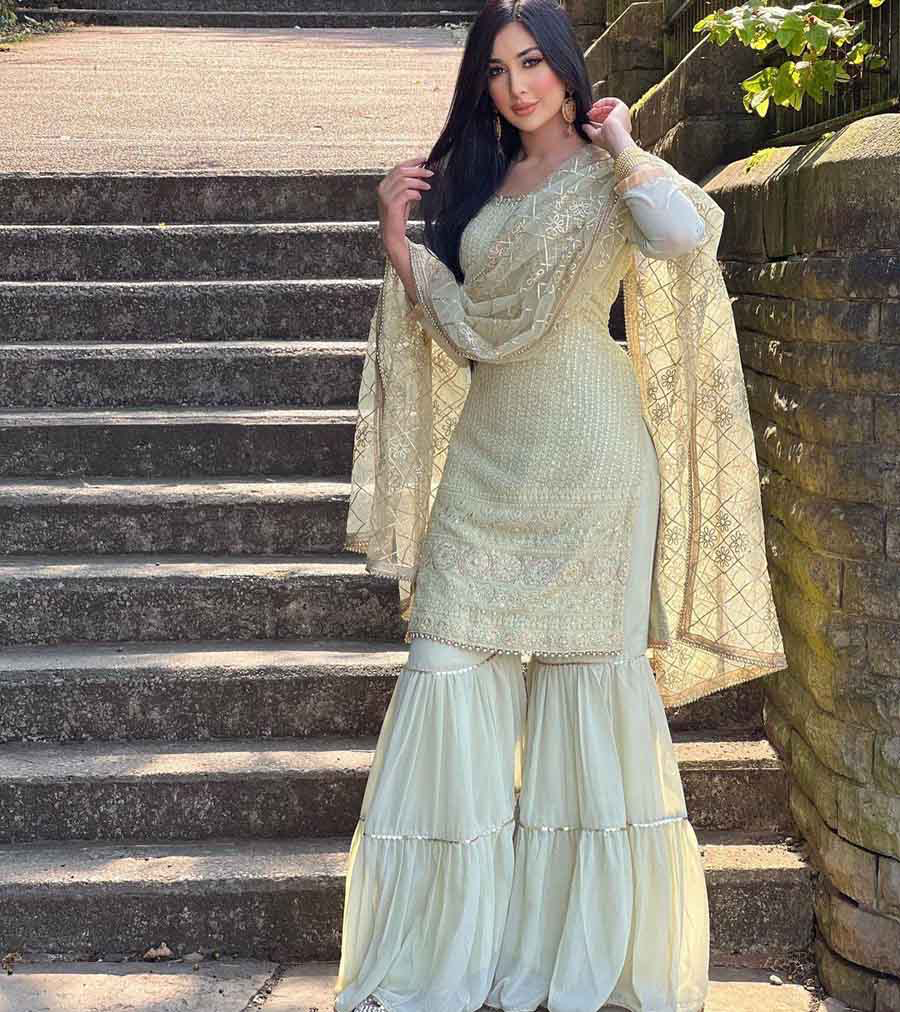 DESIGNER WEAR PARTY LOOK FAUX GEORGETTE WITH EMBROIDERY WORK TOP AND SHARARA