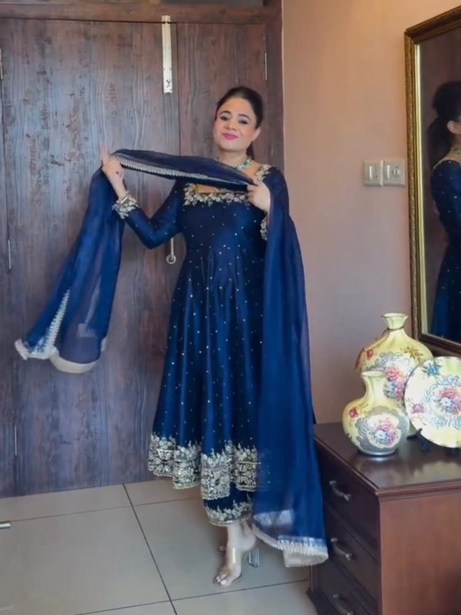 TRENDING VICHITRA SILK EMBROIDERY SEQUENCE WORK GOWN BOTTOM WITH DUPATTA BLUE