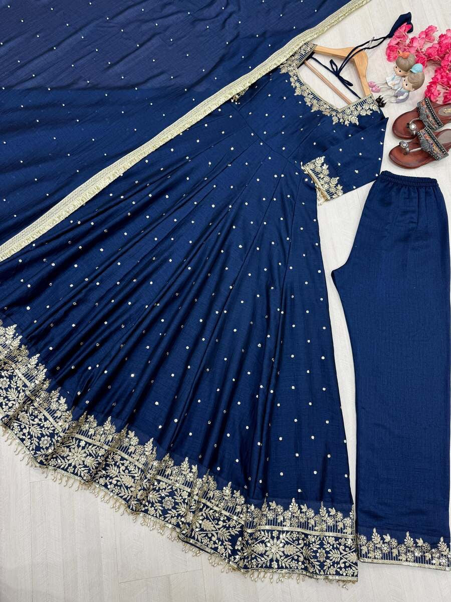 TRENDING VICHITRA SILK EMBROIDERY SEQUENCE WORK GOWN BOTTOM WITH DUPATTA BLUE