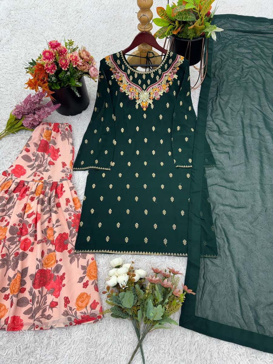 DESIGNER GEORGETTE EMBROIDERY WORK TOP SHARARA WITH DUPATTA