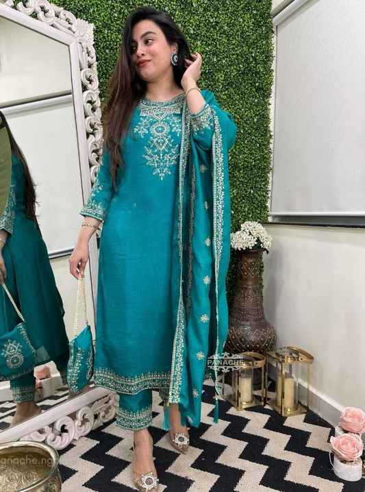 FANCY VICHITRA SILK EMBROIDERY WORK TOP BOTTOM WITH DUPATTA RAMA XL