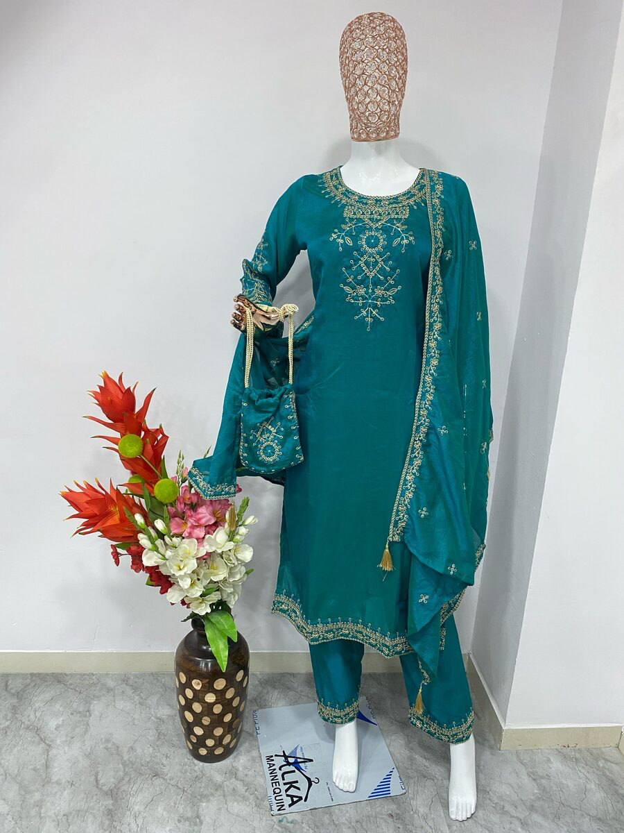 FANCY VICHITRA SILK EMBROIDERY WORK TOP BOTTOM WITH DUPATTA RAMA XL