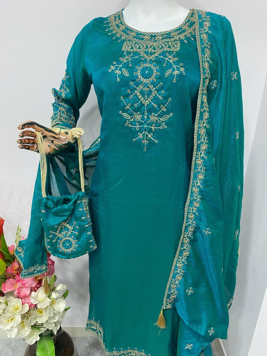 FANCY VICHITRA SILK EMBROIDERY WORK TOP BOTTOM WITH DUPATTA RAMA XL