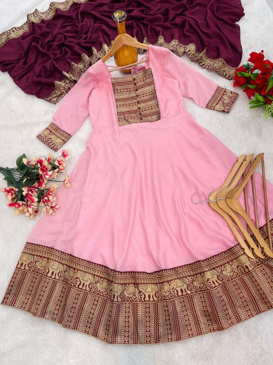 NEW ARRIVAL VICHITRA SILK JACQUARD ZARI WEAVING WORK ANARKALI GOWN WITH DUPATTA