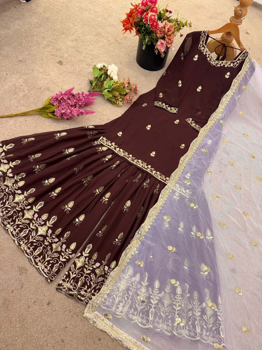 DESIGNER GEORGETTE EMBROIDERY SEQUENCE WORK TOP SHARARA WITH DUPATTA BROWN