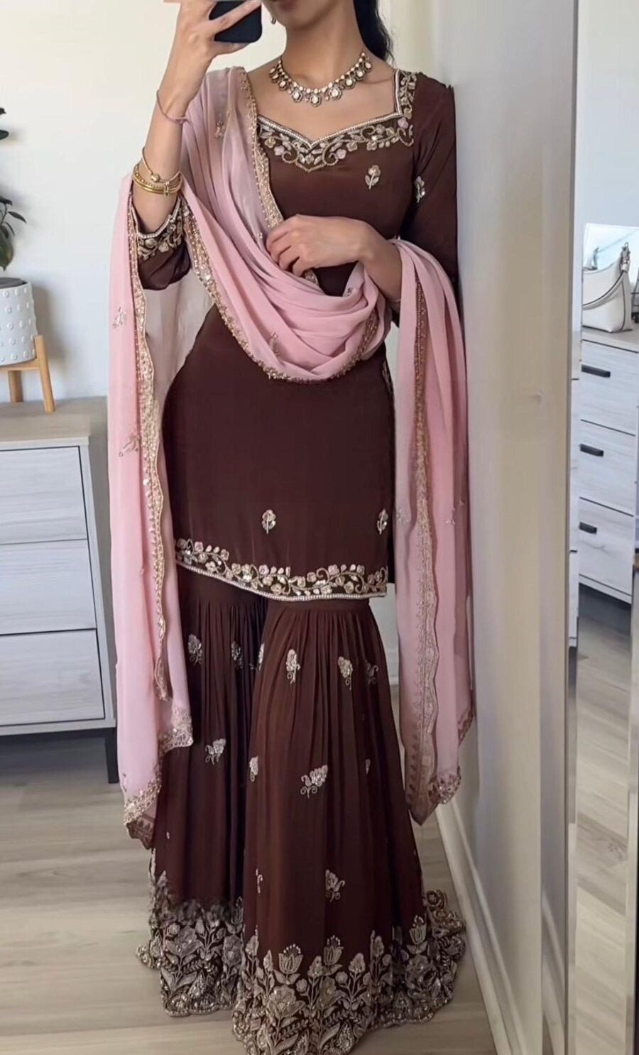 DESIGNER GEORGETTE EMBROIDERY SEQUENCE WORK TOP SHARARA WITH DUPATTA BROWN