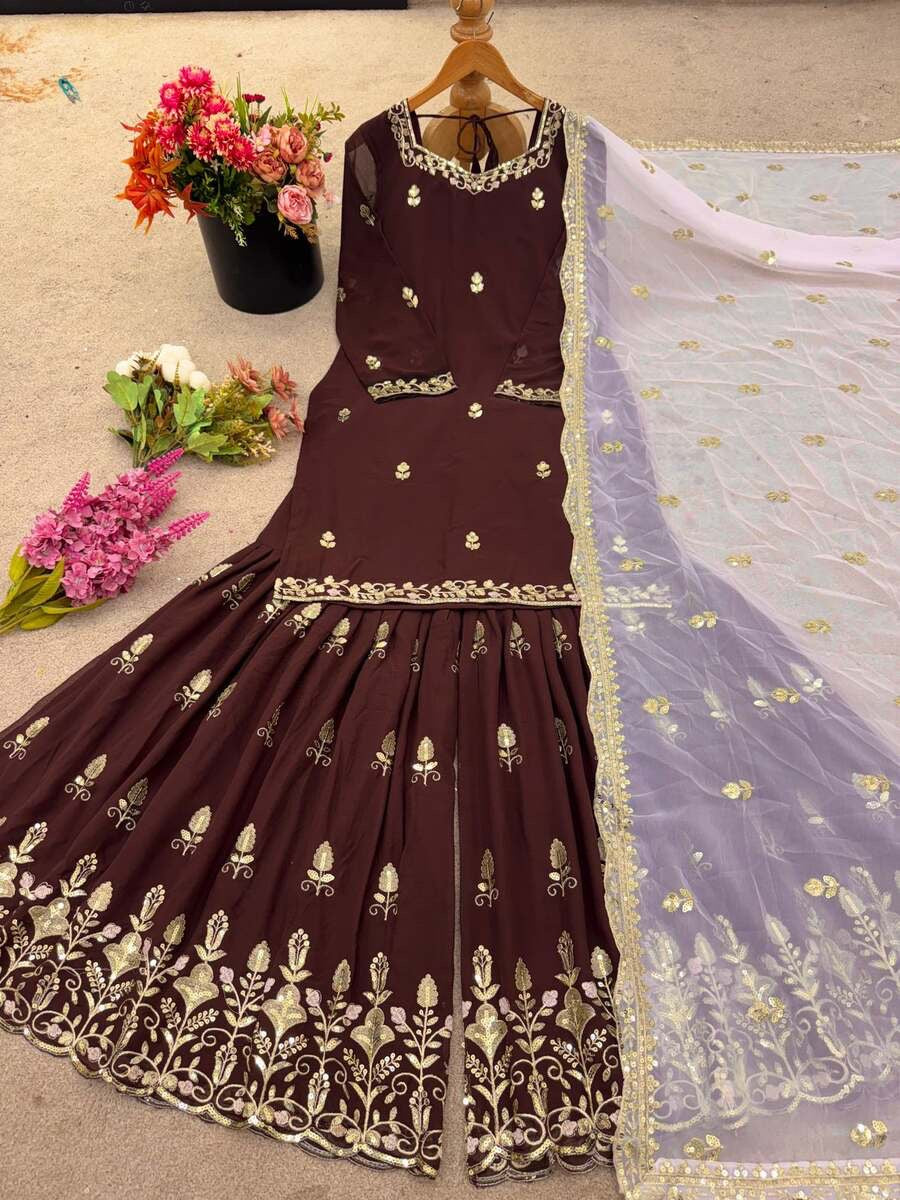 DESIGNER GEORGETTE EMBROIDERY SEQUENCE WORK TOP SHARARA WITH DUPATTA BROWN