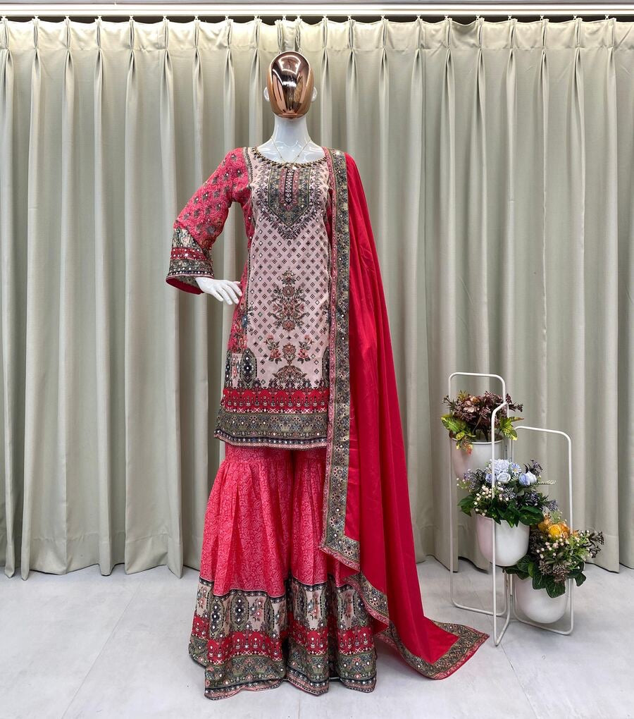 FANCY CHINON PRINTED WITH REAL MIRROR WORK TOP SHARARA WITH DUPATTA RANI