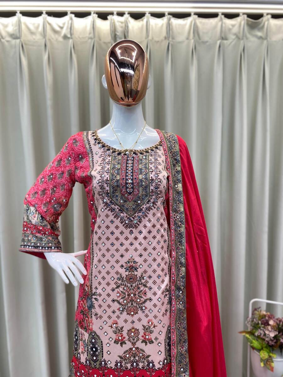 FANCY CHINON PRINTED WITH REAL MIRROR WORK TOP SHARARA WITH DUPATTA RANI