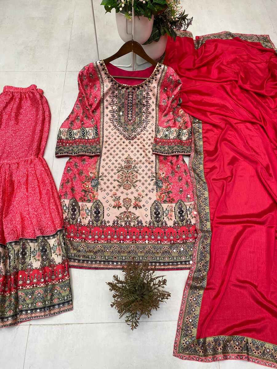 FANCY CHINON PRINTED WITH REAL MIRROR WORK TOP SHARARA WITH DUPATTA RANI