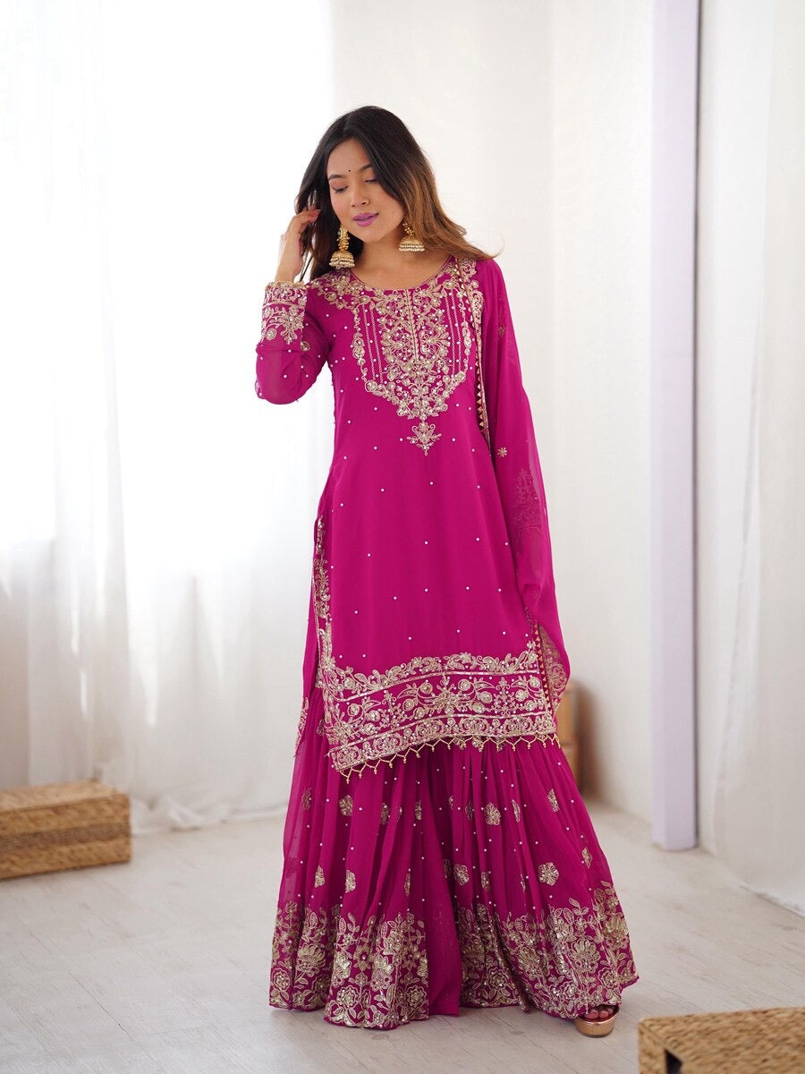 MODERN GEORGETTE CODING DORI EMBROIDERY WITH SEQUENCE & THREAD AND PEARL WORK TOP SHARARA WITH DUPATTA PINK
