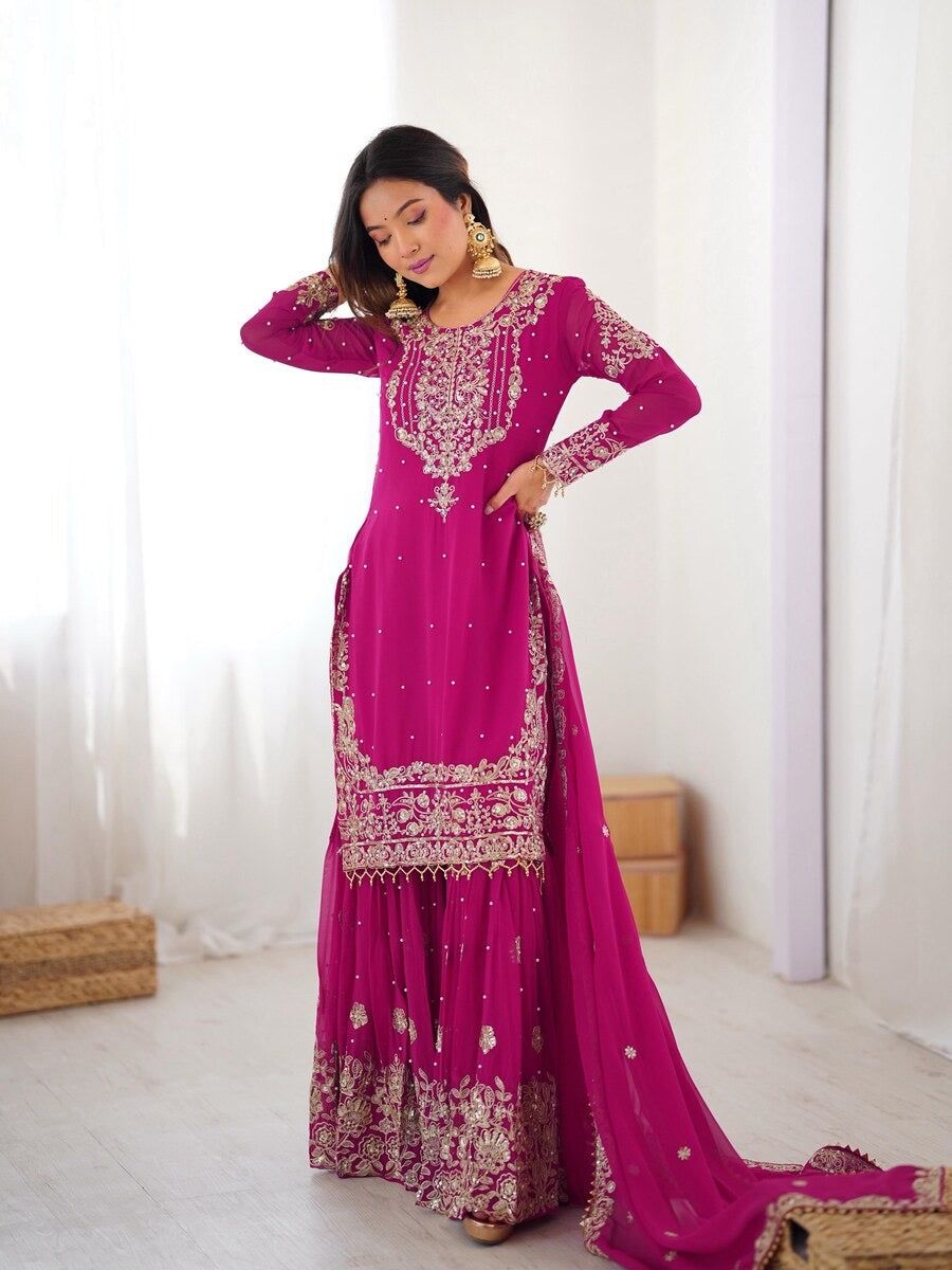 MODERN GEORGETTE CODING DORI EMBROIDERY WITH SEQUENCE & THREAD AND PEARL WORK TOP SHARARA WITH DUPATTA PINK